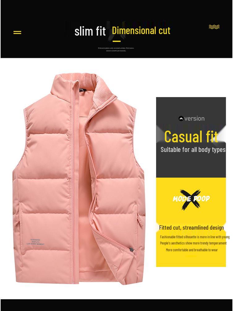 Windproof Korean-Style Unisex Down Vest: Warm, Trendy, Plus Size, Autumn/Winter, Two-way Zipper, for Couples & Teens