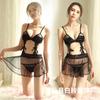 Sex Underwear Women's Suspender Nightdress Three-piece Set, Astringent Wish Lace Black Short Skirt Split Size