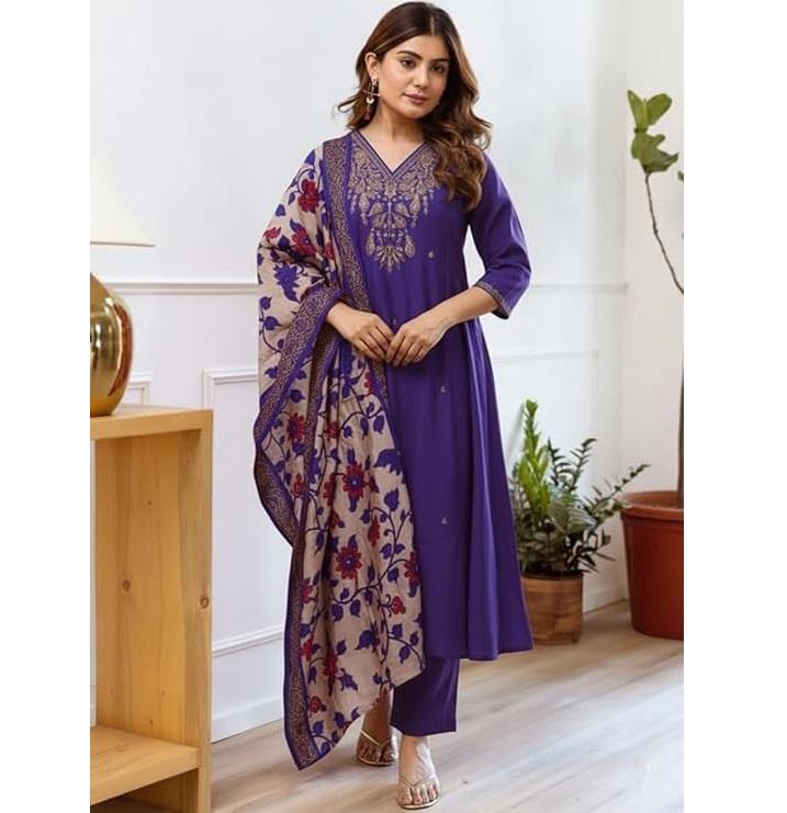 Women Bollywood Embroidery Straight Kurta and Pant Set with Dupatta Set S фиолетовый