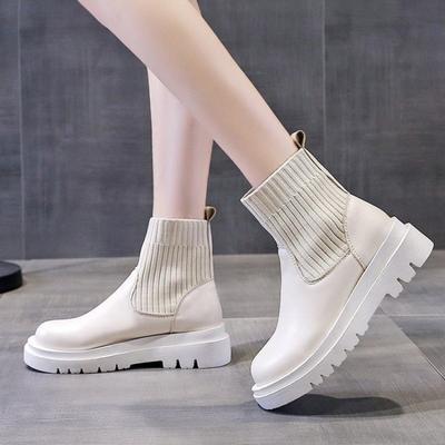 Fashion Spliced Wool Boots Autumn New Round Toe Cover Foot Platform Sole Non-slip Wear-resistant Block Heel Short Thigh Single Boots