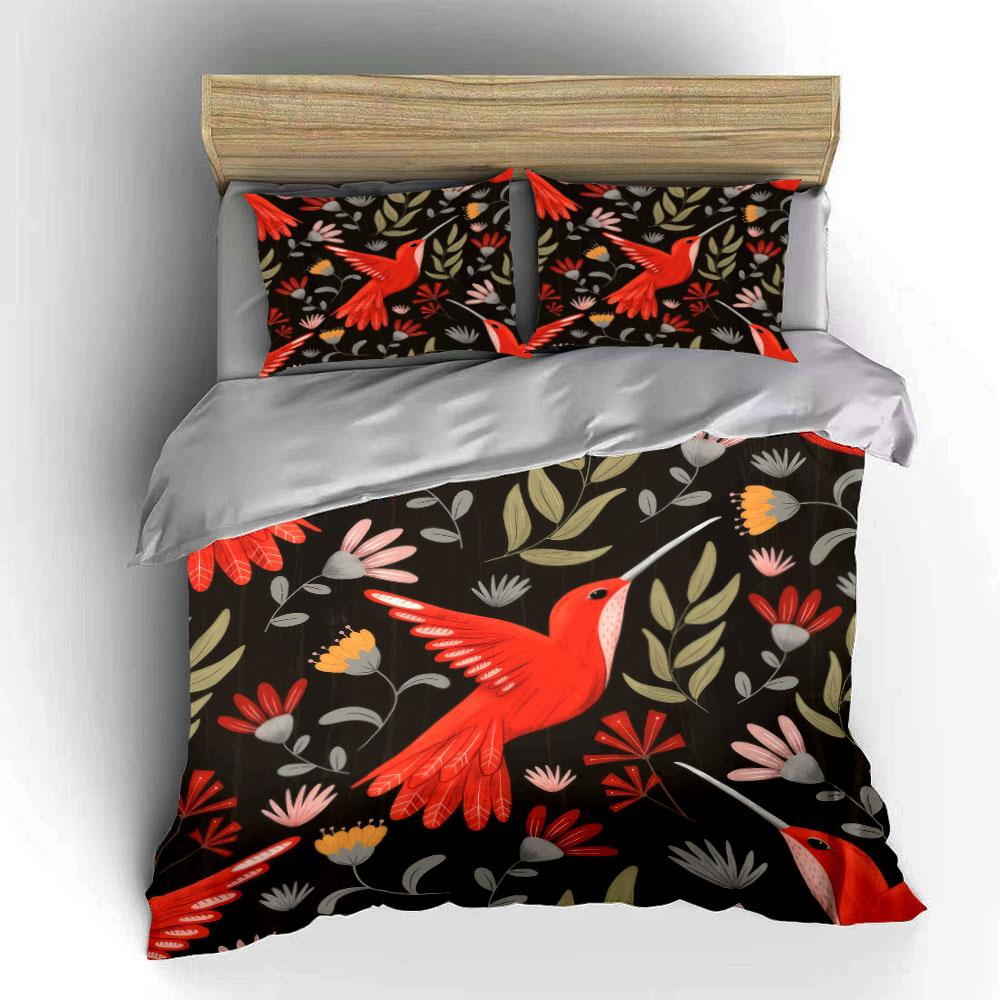 Hummingbird Floral Home Decor Soft Comfortable Duvet Cover Bedding Set Included 1*Duvet Cover & 2*Pillowcases, Gift