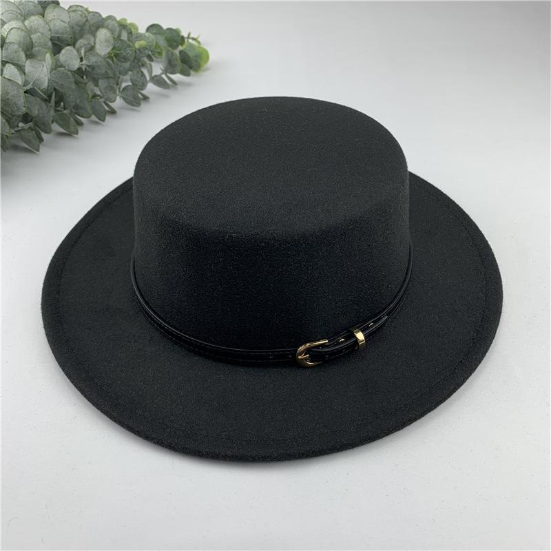 Autumn and winter British European and American style belt buckle flat top top top hat men's and women's wide brim sunshade retro woolen black ja