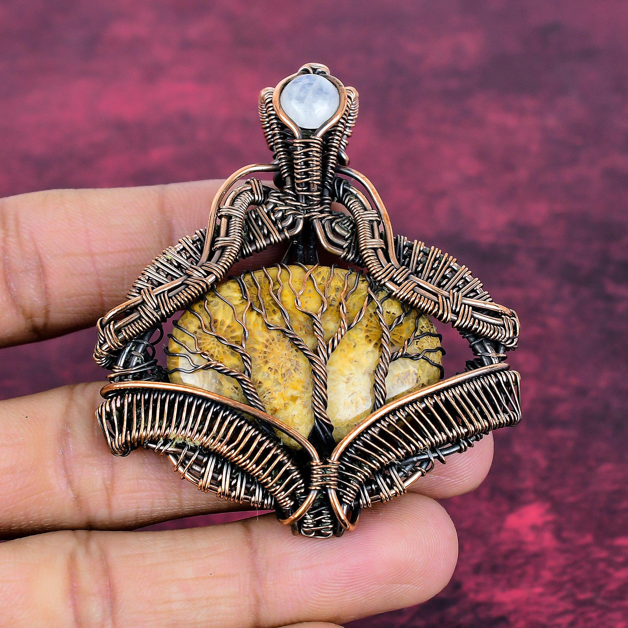 Tree OF Life Fossil Coral Pendant Copper Wire Wrapped Rainbow Moonstone Jewelry