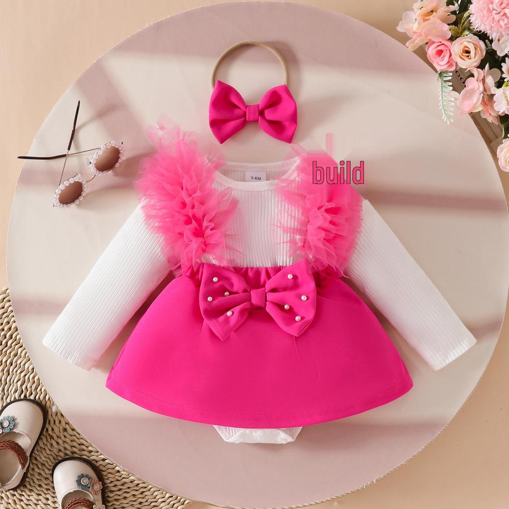Baby Girl Long-Sleeve Ribbed Romper with Mesh Skirt Hem and Beaded Bow for Autumn and Winter