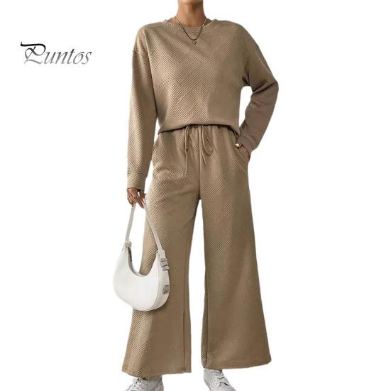 2 Pcs/Set Women Top Pants Suit Round Neck Long Sleeves Textured Solid Color Sweatshirt Elastic Waist Wide Leg Trousers Daily Wear Sport Outfit Fall