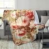 Vintage Baroque Carving Frame Pink Peony Oil Painting Flannel Blanket Soft Warm Throw Blanket For Sofa Bedroom Farmhouse Home