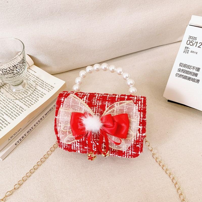 Red Adorable Pu Handbag For Kids Featuring Bow Design And Trendy Strap Chain