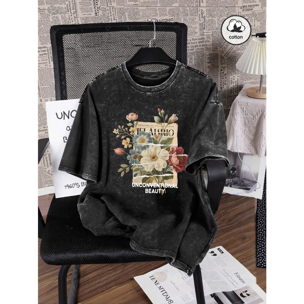 Unkonventionelle Schönheit Blumenprint Gewaschene T-Shirts Baumwolle All-Match Damen T-Shirt Y2K Lockere Kleidung Sport Kurzarm