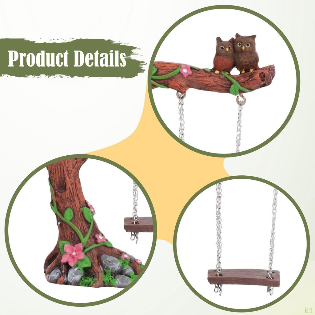 Couple Owls On A Tree Hanging Chair Figurine Aquarium Landscaping Sculpture Miniature Fairy Garden