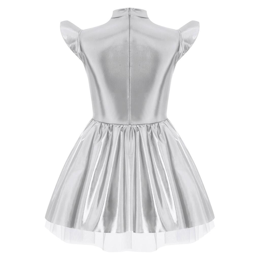 Girls Iridescent Alien Dress Up Costume Mock Neck Flying Sleeves Tutu Dress Theme Party Stage Performance