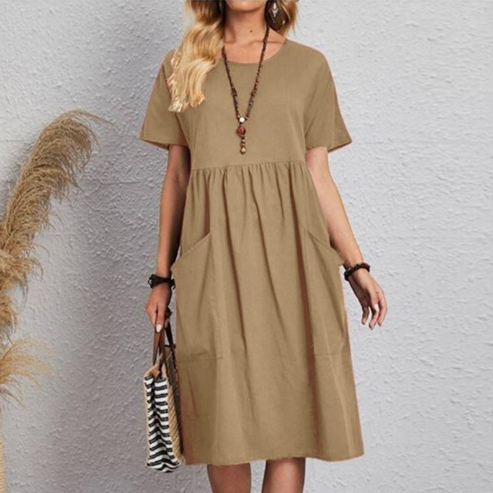 

Женское летнее хлопково-льняное платье с круглым вырезом и рукавами реглан, карманами и складками, свободного покроя, однотонное женское платье длиной до колена XXXXL хаки