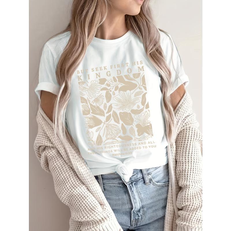 Women's Plus Size Round Neck Short Sleeve T-Shirt Floral Print Inspirational Quote Black White Golden Design Casual Top
