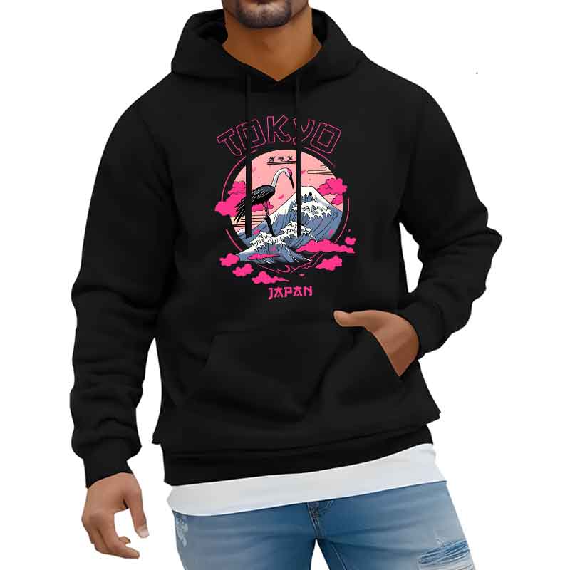 Japanese Style Scenery Printed Men Sweatshirt Casual Hoodies Pullovers Women Warm Sport Fitness Pocket Streetwear Trends Daily