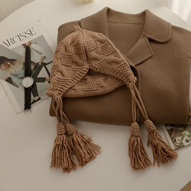 New Year's Red Christmas Hat Children's Winter Warm Wool Tassel Pullover Hat Handmade Knitted Ear Protector Japanese Tide
