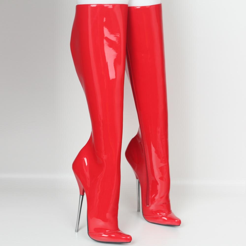 Fashion FHC 2025 New Metal Heel 18CM,Women Knee High Boots,Fetish Ballet Dancing Shoes,Men Cosplay Botas,Side Zip,Red,Customized Color
