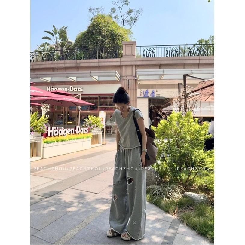 Women Ripped Rolled Edge Terry Wide Leg Pants Elastic High Waist Straight Casual Trousers Korean Streetwear 2026 Spring