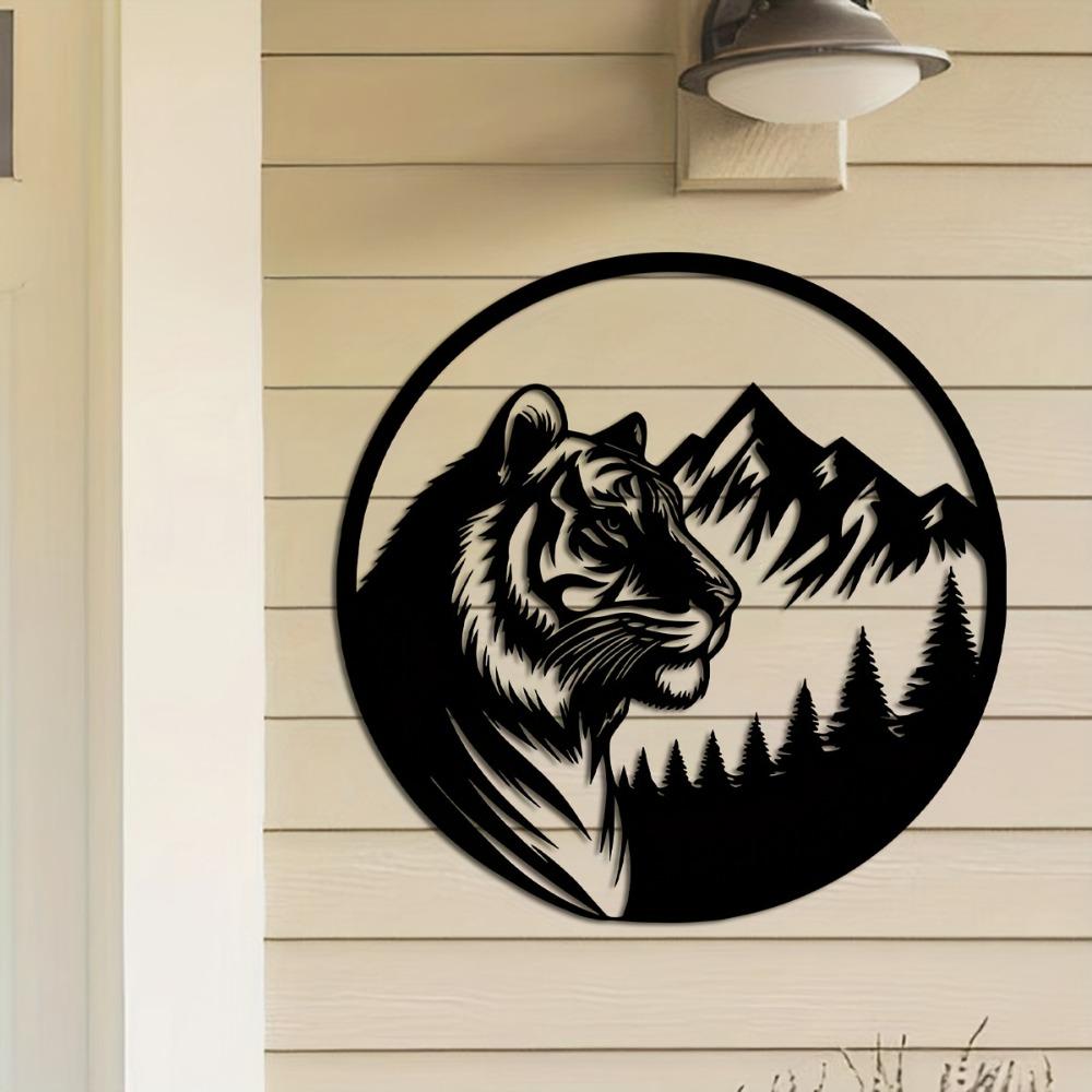 1pc Black Metal Tiger Wall Art 15.74 Inch Round Wildlife Design Mountain Forest Pattern Home Patio Balcony Decor Housewarming Wedding Mother Day Gift
