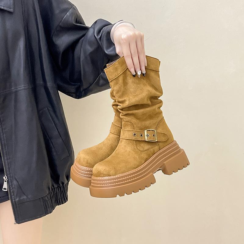 Korean version suede short boots autumn and winter retro versatile warm pile boots women's fashion boots thick-soled belt buckle knight boots