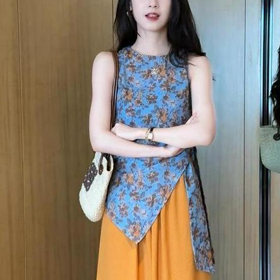 

Blue Floral Lace-Up Tank & High-Waisted Wide-Leg Pants Set XS [70-80 kg]