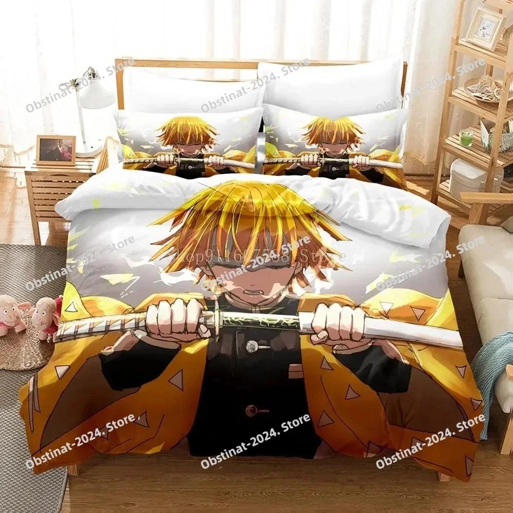 Zenitsu Agatsum Demon Slayer Bedding Sets Japan Anime Printed Bed Set Duvet Cover Pillowcase Linen Sheet Quilt Cover Full Size