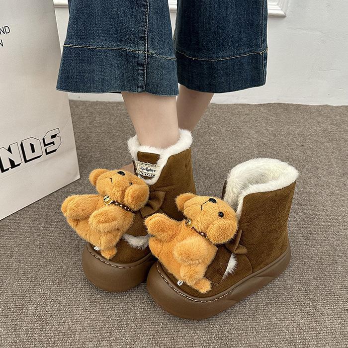 Women's Cartoon Puppy Lightweight Height-enhancing Thick Sole Winter Warm Fur One Snow Boots Plush Lined Non-slip Casual Sports Cotton Boots
