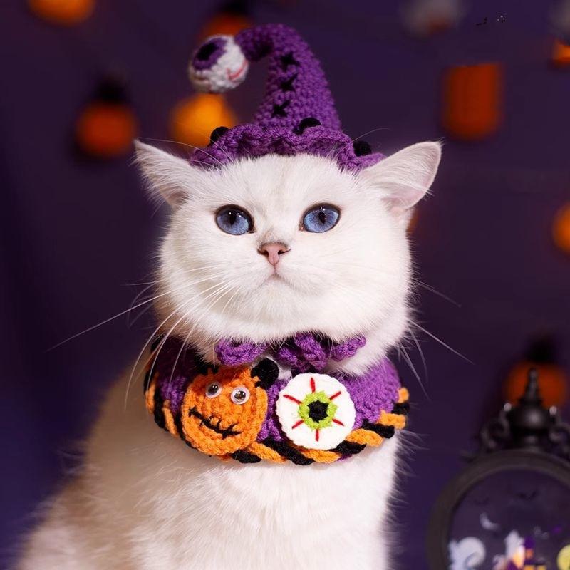 Cute Halloween Pet Cat Dog Woven Scarf Hat Clothing Collar Kawaii Cartoon Cats Dress Up Clothing Costume Pet Accessories