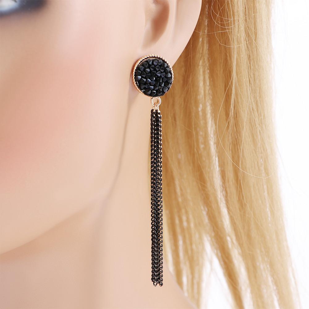 Women Elegant Long Party Accessories Round Black Fashion Ear Studs Tassel Dangle Earrings Jewelry