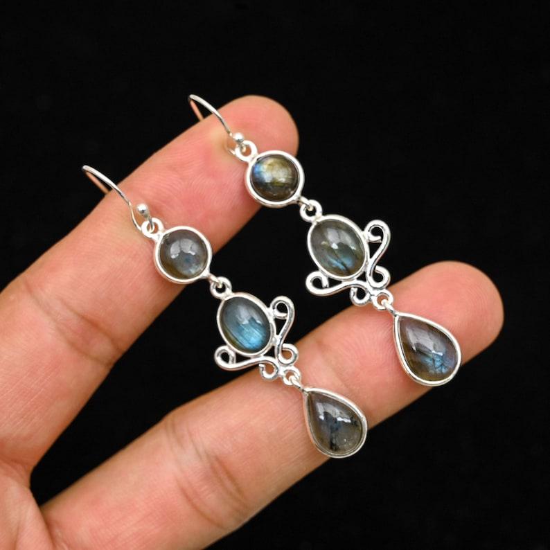 Solid 925 Sterling Silver Labradorite Women Dangle Earrings Handmade Designer Earrings