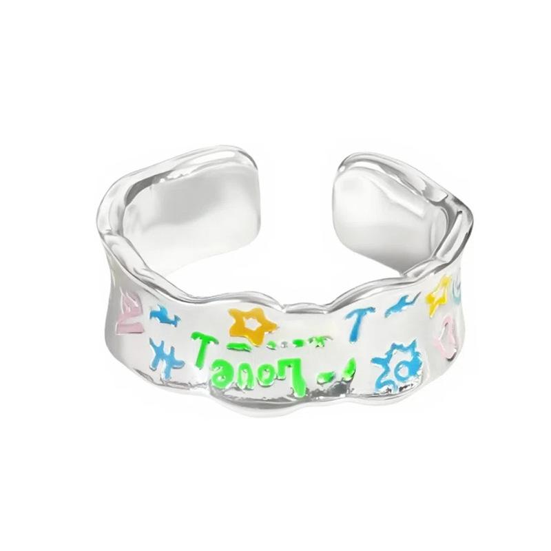 Cartoon Childlike Fun Graffiti Enamel Dripping Open Ring Stacking Wearing Pair Ring Girlfriend Niche High-End Ring Woman
