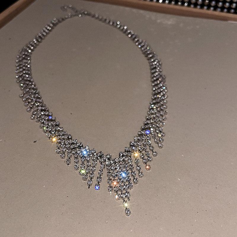 Luxurious European-American Crystal Tassel Necklace - Geometric Design, High-End Chic for Women
