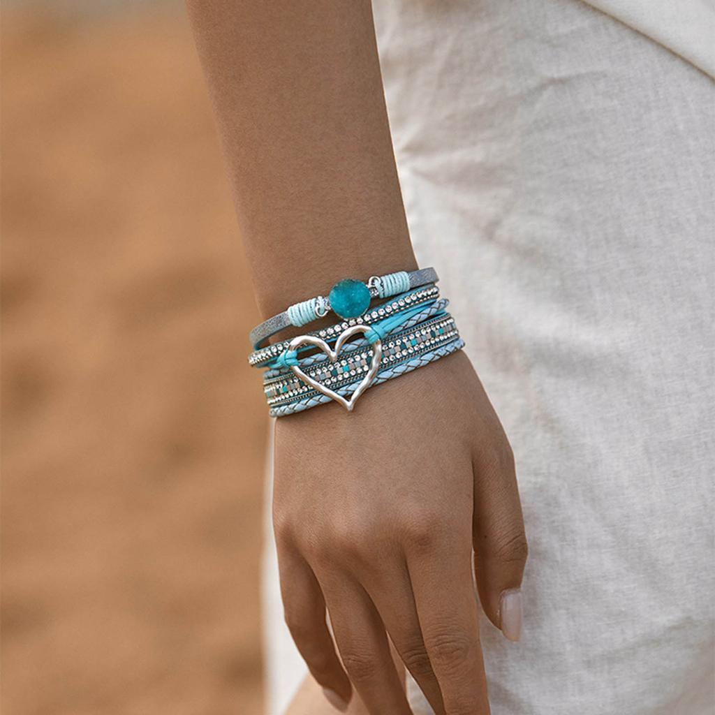 Elegant Heart Leather Wrap Bracelets Stackable Bohomian Cuff Bangles Fashion Rhinestones Bracelets for Women and Girls