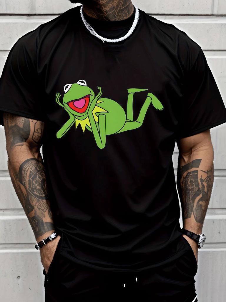 Unisex Crew Neck Tee Cute Lying Frog Cartoon Graphic Print Short Sleeve Oversized Male Daily Casual Soft Breathable Basic Wear Top