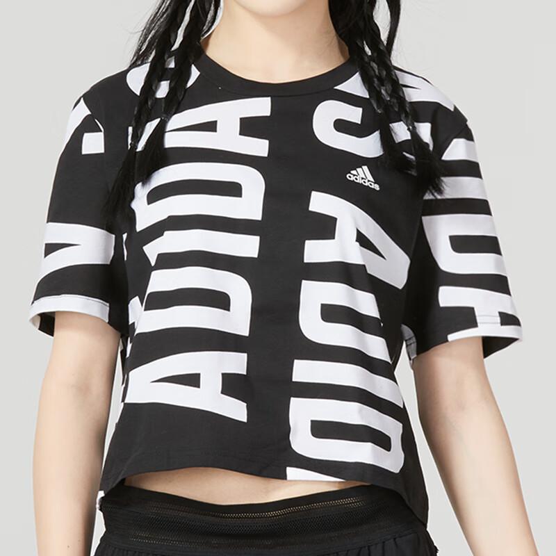 Adidas Allover Print Logo Crew Neck T-Shirt Women Tops Black HC9161