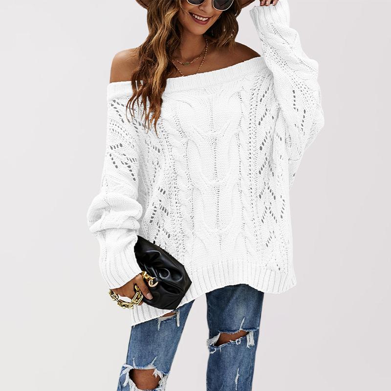 GMXIA Autumn and Winter Off-the-shoulder Large Loose Knitted Sweater, One-neck Solid Color Pullover Sweater for Women