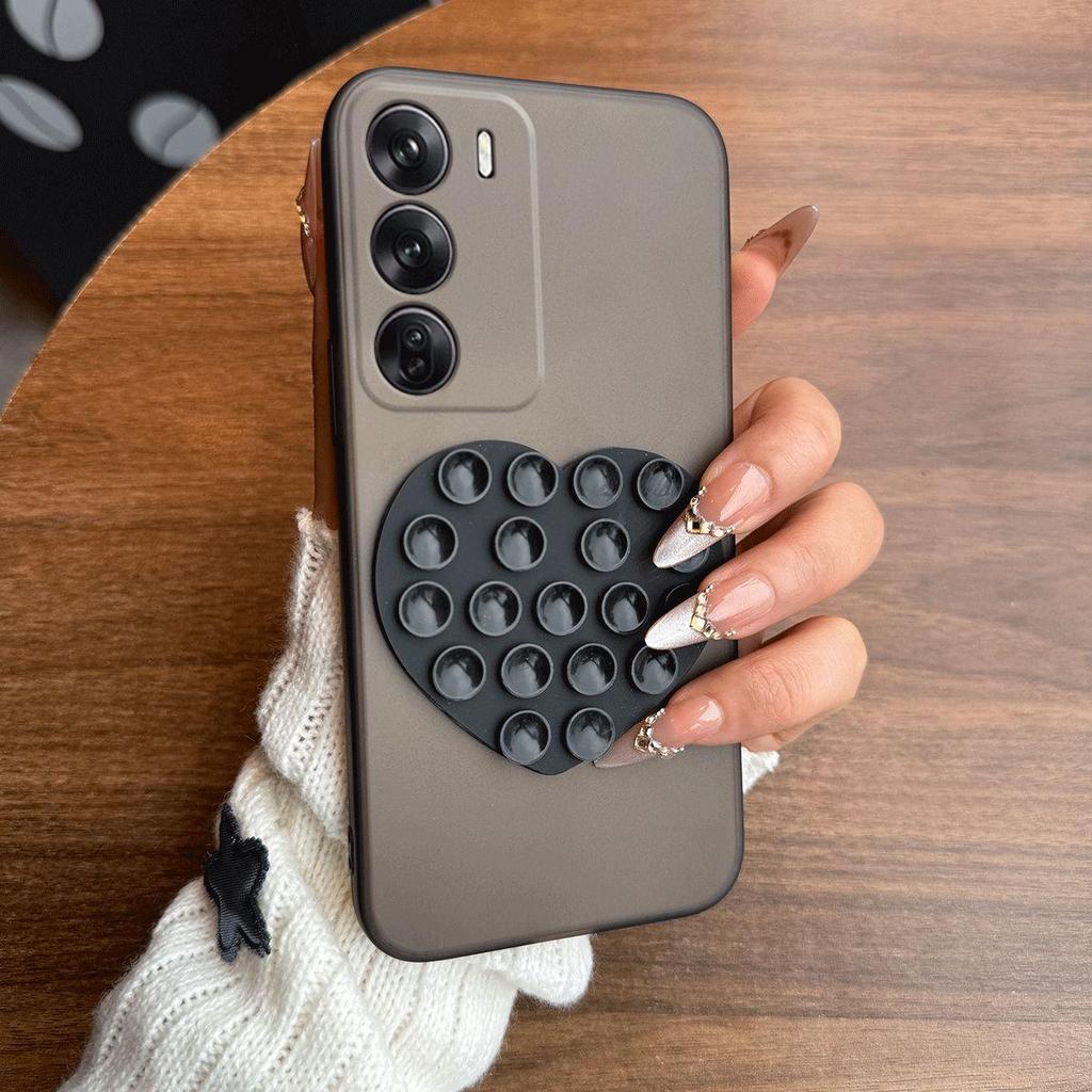 Heart Shape Suction Cup Phone Case for OPPO Reno12 Pro 5G,Reno12 5G Semi Transparent Matte Shockproof Soft TPU Cover