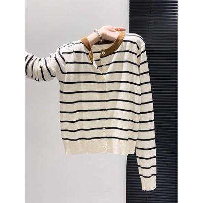 Single-breasted Contrasting Striped Knitted Cardigan Women's Spring and Autumn Loose and Thin Versatile Sweater Jacket Top