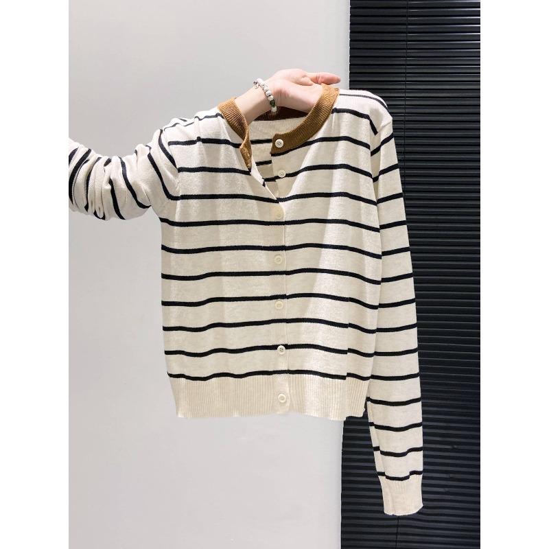 Single-breasted Contrasting Striped Knitted Cardigan Women's Spring and Autumn Loose and Thin Versatile Sweater Jacket Top