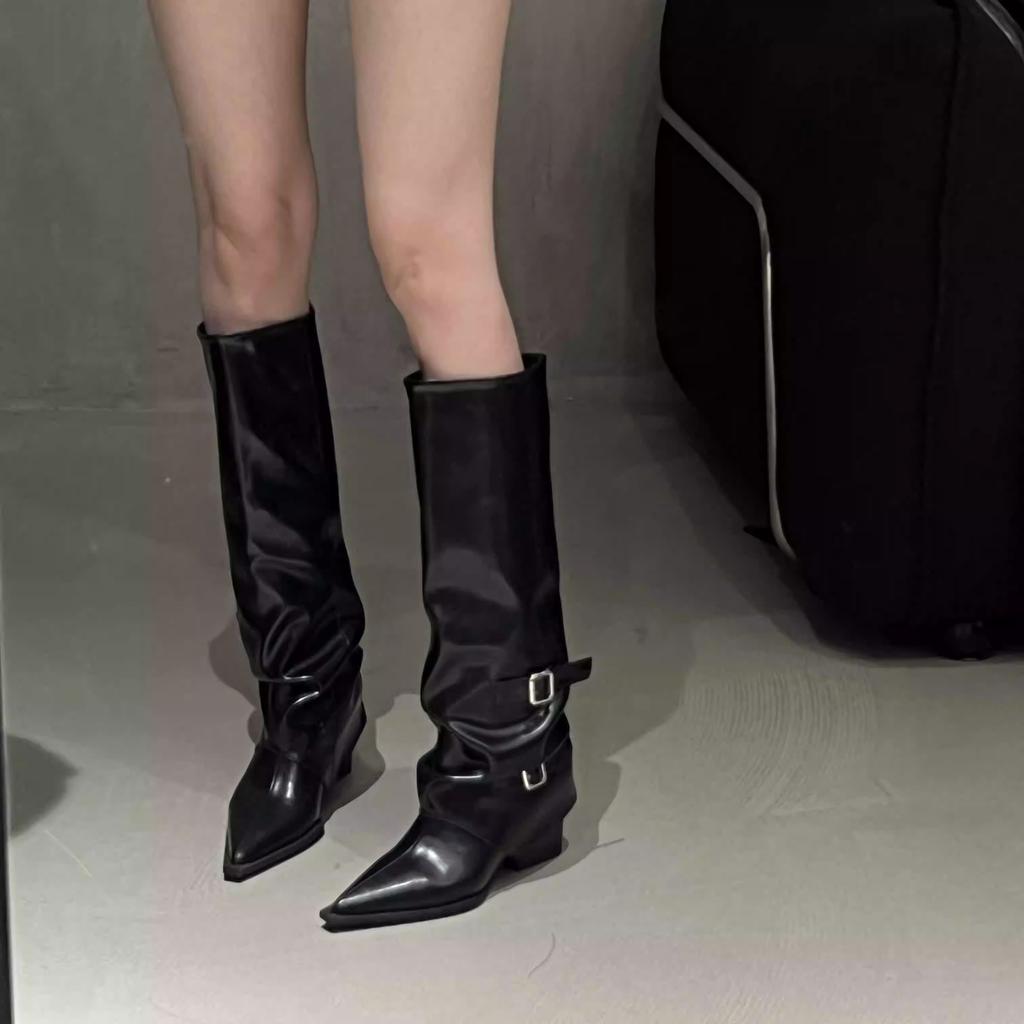 New Retro Style Women Knee High Boots Belt Buckle Shoes Autumn Winter Wedges Heel Women's Knight Long Booties