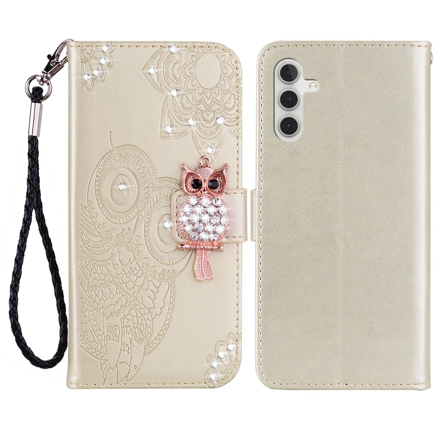 

For Samsung Galaxy S25+ Wallet Case Owl Flower Imprinted Rhinestone Leather Cover Gold