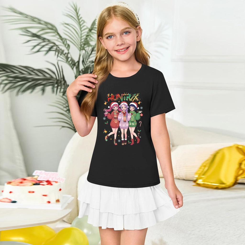 Girls' Round Neck Short Sleeves Christmas Witch Group Print Casual Short Sleeves