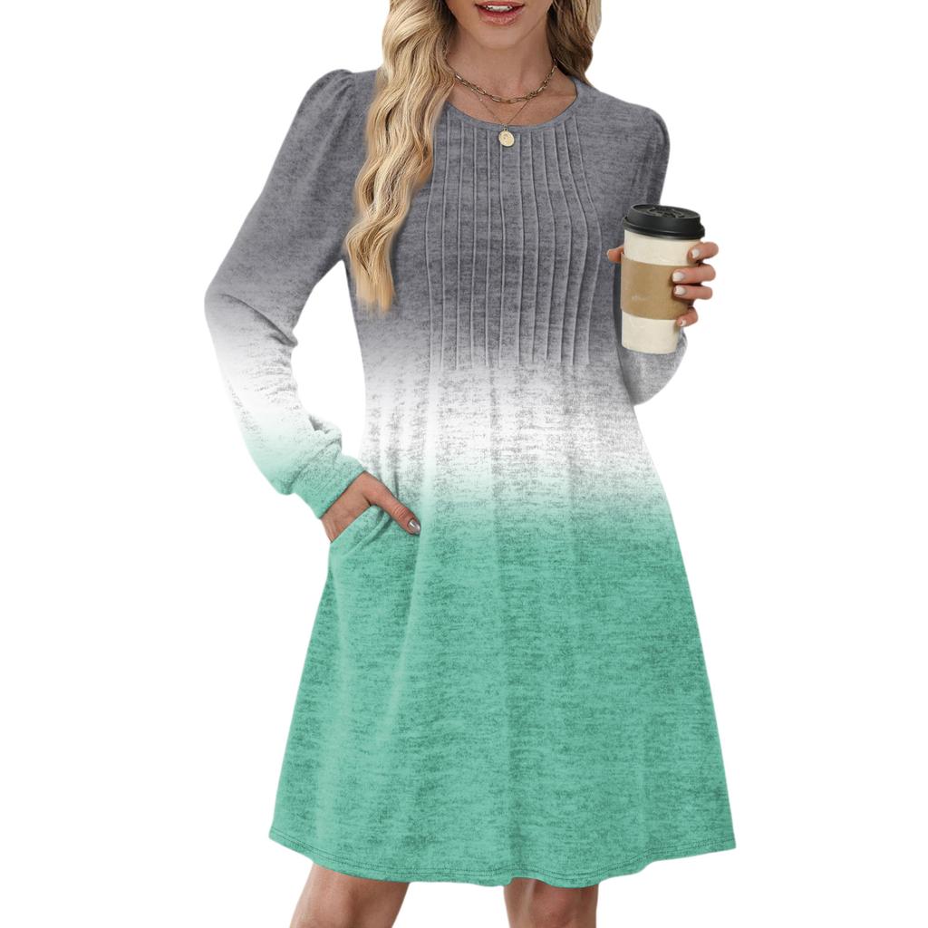 Women's Long Sleeve Pleated Round Neck Gradient Printed Casual Dress With Pockets