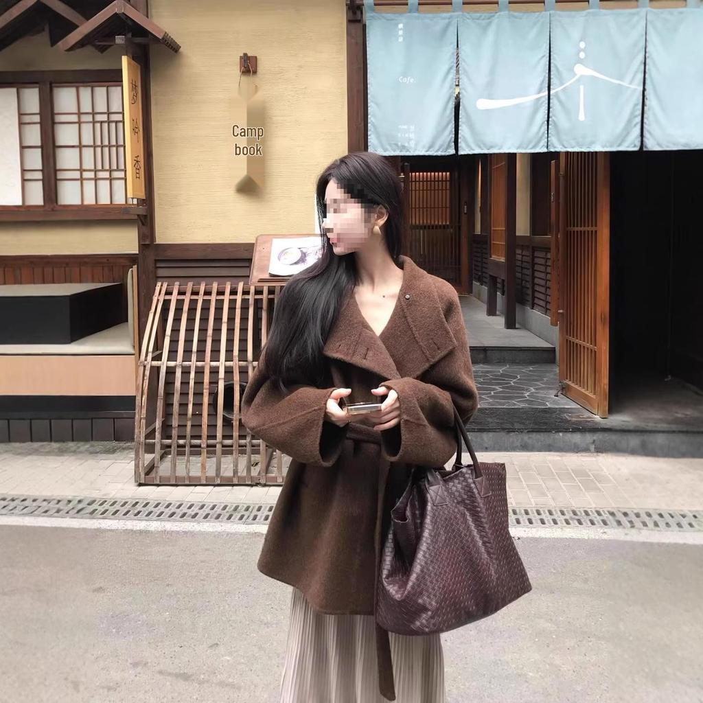 Women's Petite Mocha Brown Wool Coat - Meilade High-End Aesthetic, Thickened for Autumn/Winter 2025