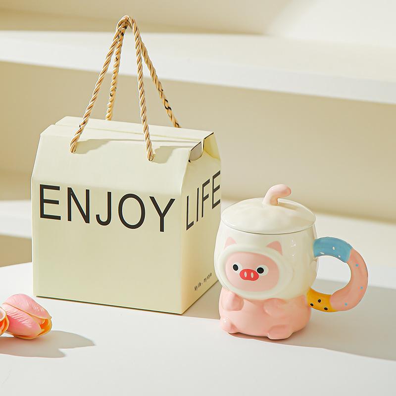 Cute cute cartoon piggy ceramic mug with lid for girls' birthday girlfriends practical souvenir gift box