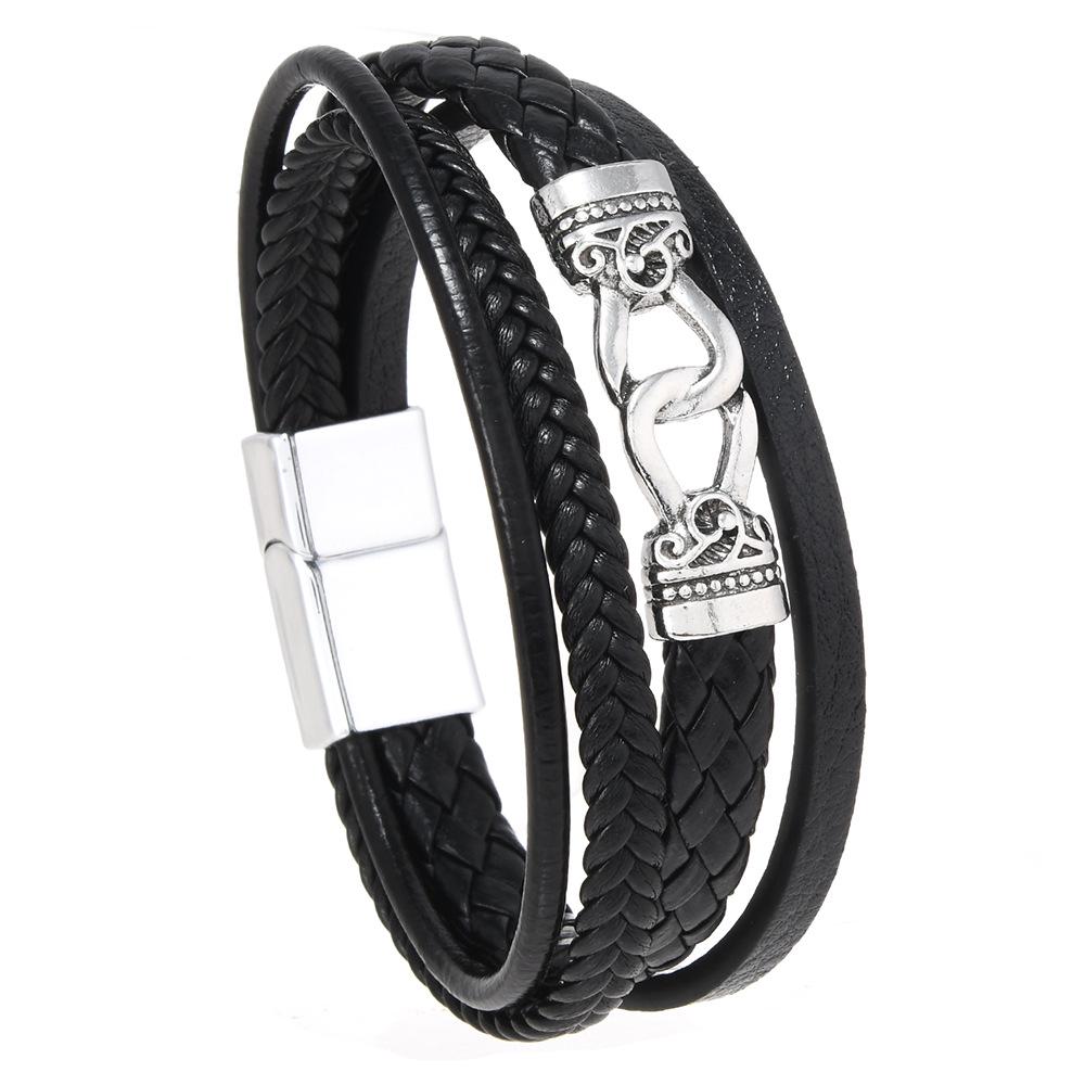 Retro Style Men's Leather Bracelet with Zinc Alloy Ring Buckle, Hand-Woven and Multi-Layered