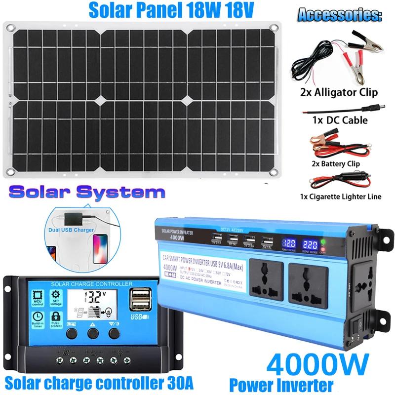 5000W Solar Panel Kit Modified Sine Wave 12V To 220V Solar Power System 18V Solar Panel+30A Charge Controlle Power Generation