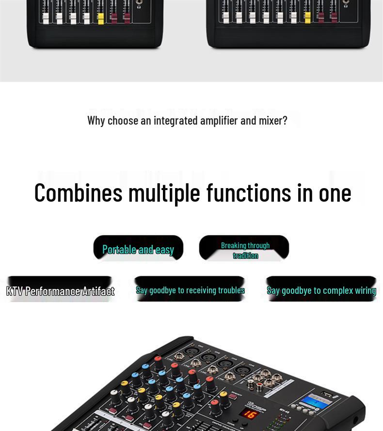 All-in-One 4/6 Channel Professional Mixer Amplifier with High Power, Reverb, and Equalizer for Stage and Wedding Performances