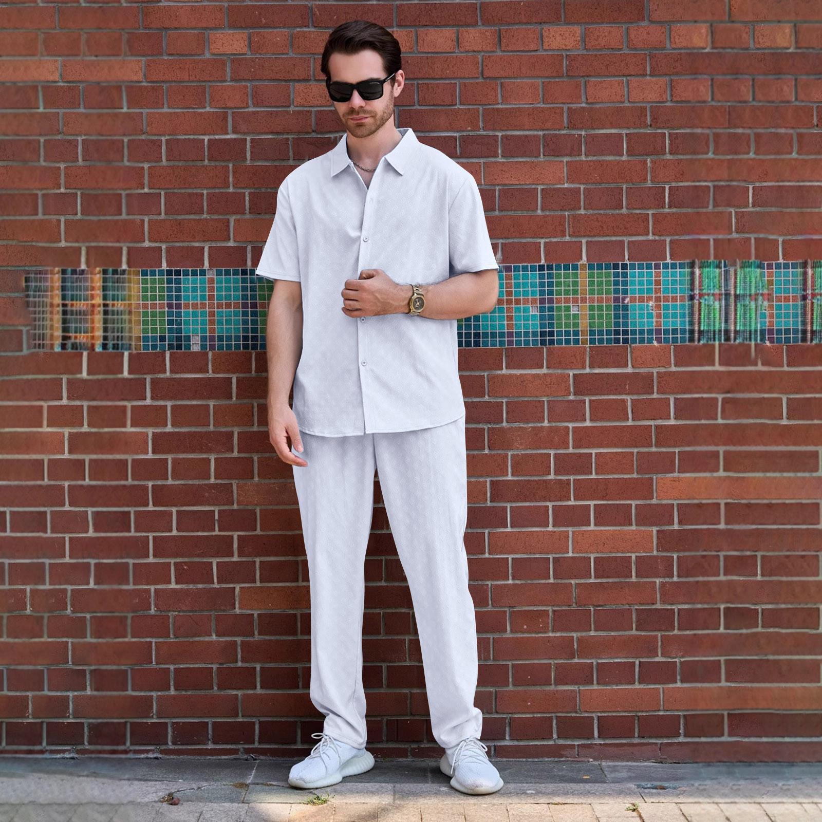 

Летний мужской кардиган с коротким рукавом, брюки, однотонный, уличный, повседневный комплект рубашки M белый