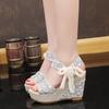 Slope Heel Lace Bow Sandals Cute Sandals Women's Singles Shoes Women's Shoes Spring and Summer New Fish Mouth Beach