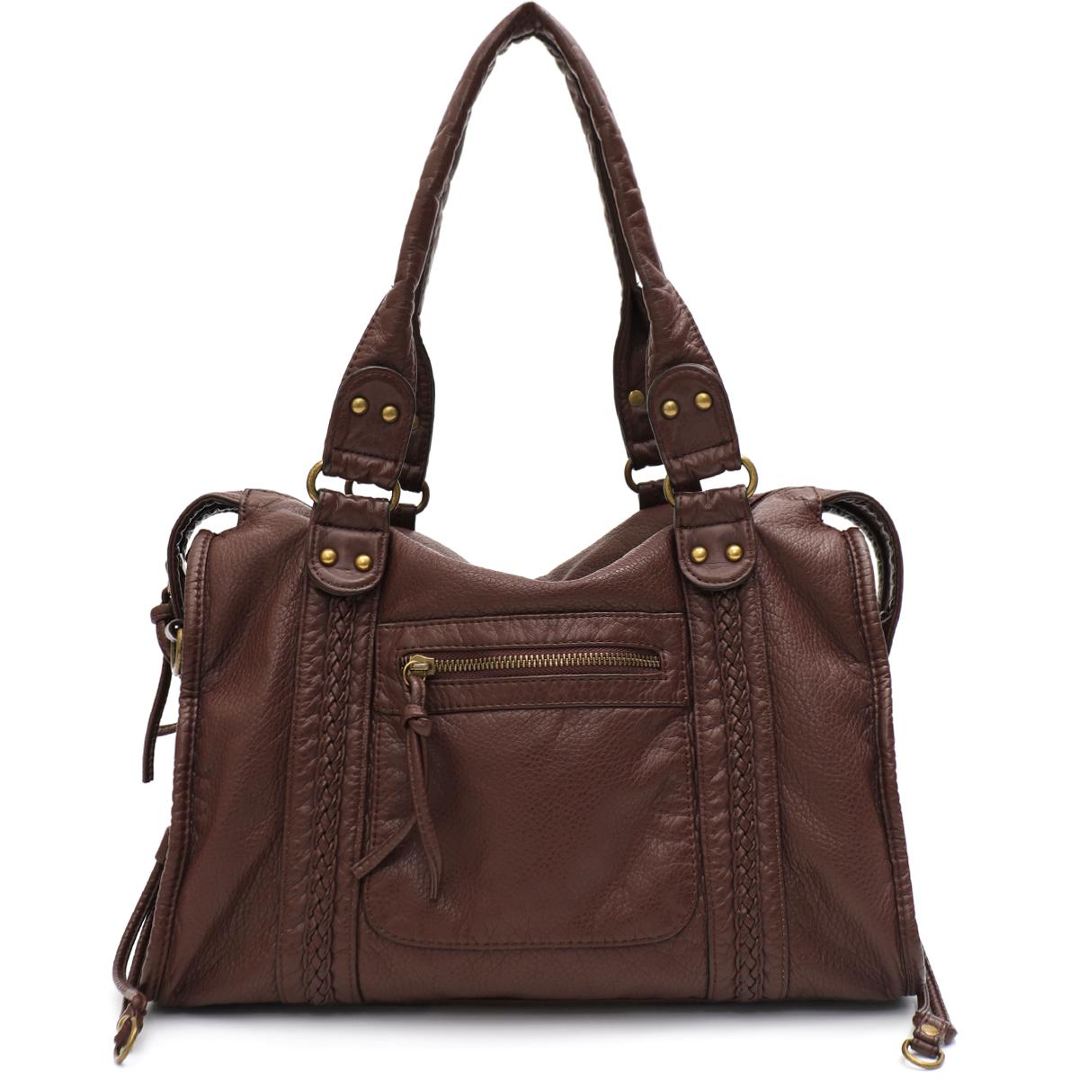 Vintage Gewassen PU Leer Grote Capaciteit Tote Ritsvakken Vlecht Decoratie Schouder Crossbody Tas Unisex Dames Dagelijkse Reizen Handtas