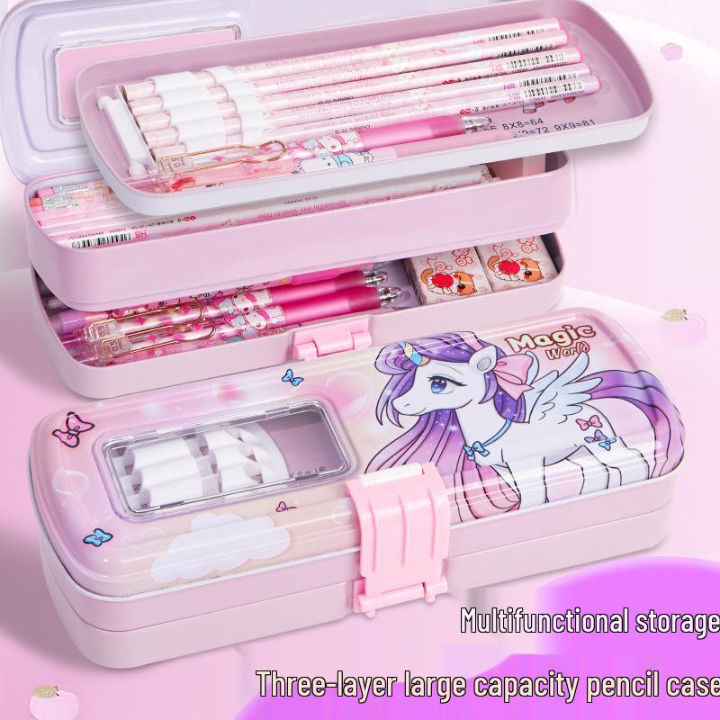 Three-Layer Multiplication Table Tin Pencil Box for Kids - Large Capacity for Elementary Students